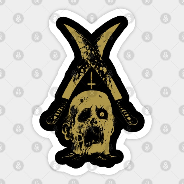 Severed head and two machetes (gold version) Sticker by wildsidecomix